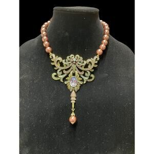 Heidi Daus Necklace “Art Nouveau" Simulated Pearl Drop Gold Tone Crystals